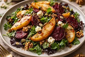 Autumn Salad with Roasted Beets, Caramelized Pear, and Goat Cheese