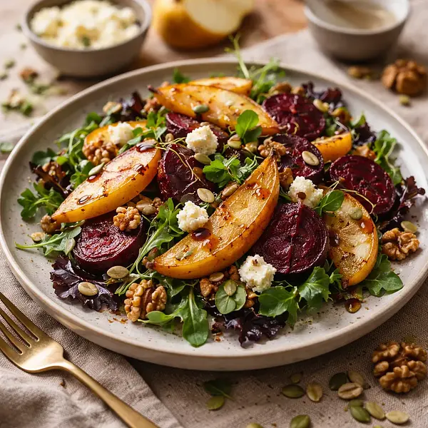 Autumn Salad with Roasted Beets, Caramelized Pear, and Goat Cheese