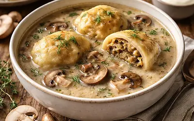 Christmas Mushroom Cream Soup with Homemade Dumplings (Little Dumplings) with Cabbage and Mushrooms
