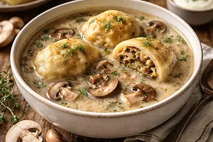 Christmas Mushroom Cream Soup with Homemade Dumplings (Little Dumplings) with Cabbage and Mushrooms
