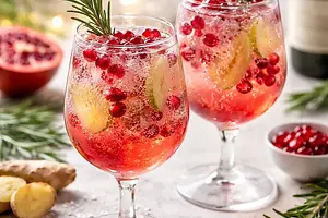 Sparkling Winter Drink with Pomegranate, Ginger, and Rosemary (non-alcoholic or with prosecco)
