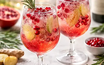 Sparkling Winter Drink with Pomegranate, Ginger, and Rosemary (non-alcoholic or with prosecco)