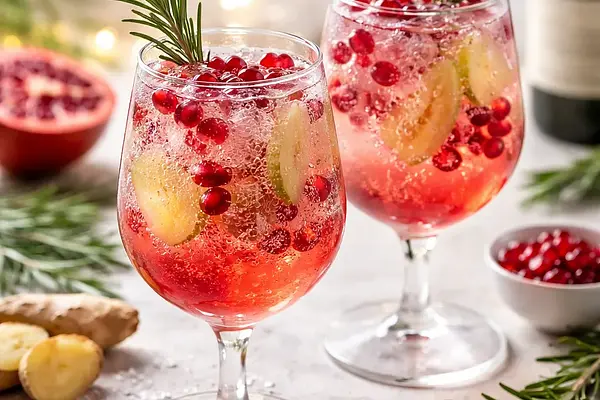 Musujący napój zimowy z granatem, imbirem i rozmarynem (wersja bezalkoholowa lub z prosecco)
