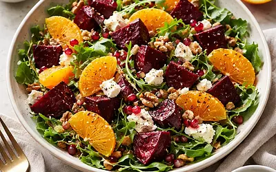 Winter salad with roasted beets, oranges, pomegranate, and goat cheese