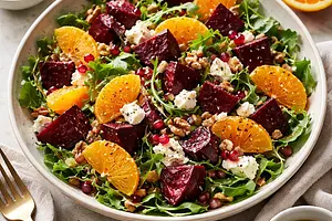 Winter salad with roasted beets, oranges, pomegranate, and goat cheese