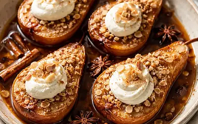 Baked pears in spiced wine-caramel sauce with almond-oat crumble and mascarpone cream