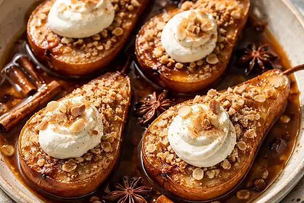 Pieczone gruszki w korzennym sosie winno‑karmelowym z migdałowo‑owsianą kruszonką i kremem mascarpone