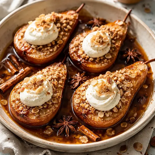 Baked pears in spiced wine-caramel sauce with almond-oat crumble and mascarpone cream