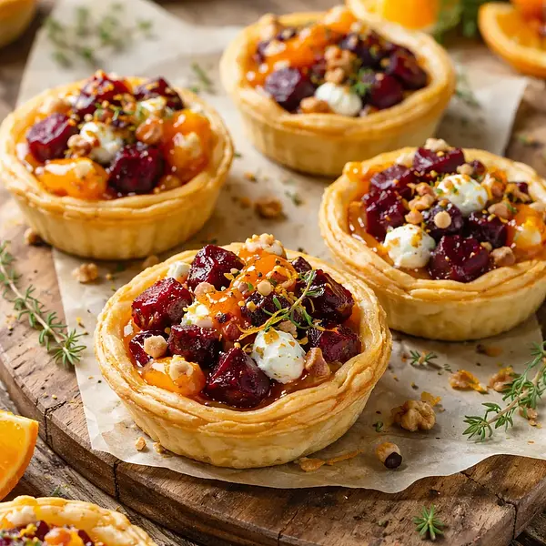 Winter Mini Tartlets with Roasted Beetroot, Goat Cheese, and Mandarin Glaze