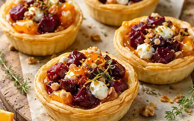 Zimowe mini tartaletki z pieczonym burakiem, kozim serem i mandarynkową glazurą