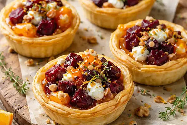 Zimowe mini tartaletki z pieczonym burakiem, kozim serem i mandarynkową glazurą