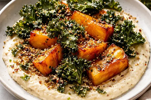 Pieczona dynia piżmowa na kremie z pieczonego kalafiora z prażoną quinoą i chipsami z jarmużu