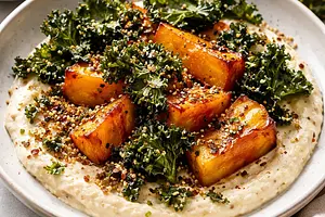 Pieczona dynia piżmowa na kremie z pieczonego kalafiora z prażoną quinoą i chipsami z jarmużu