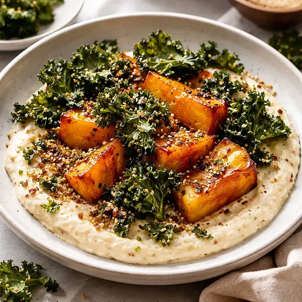 Roasted butternut squash on roasted cauliflower cream with toasted quinoa and kale chips