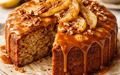 Quick Spiced Cake with Pears and Caramel Glaze