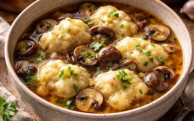 Traditional mushroom soup with dried porcini mushrooms, fresh mushrooms, and egg noodles