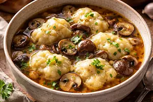 Tradycyjna zupa grzybowa z suszonych borowików ze świeżymi grzybami i lanymi kluskami