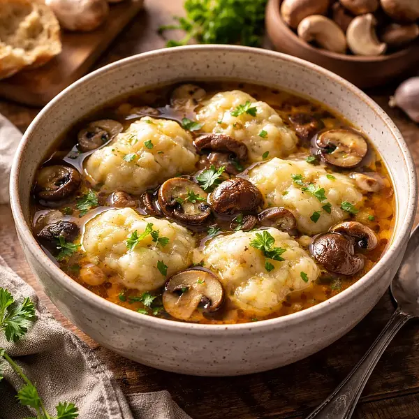 Traditional mushroom soup with dried porcini mushrooms, fresh mushrooms, and egg noodles