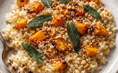 Kremowe risotto z pieczoną dynią, szałwią i prażonymi orzechami