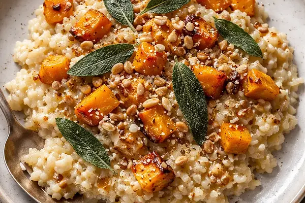 Kremowe risotto z pieczoną dynią, szałwią i prażonymi orzechami