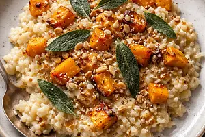 Kremowe risotto z pieczoną dynią, szałwią i prażonymi orzechami