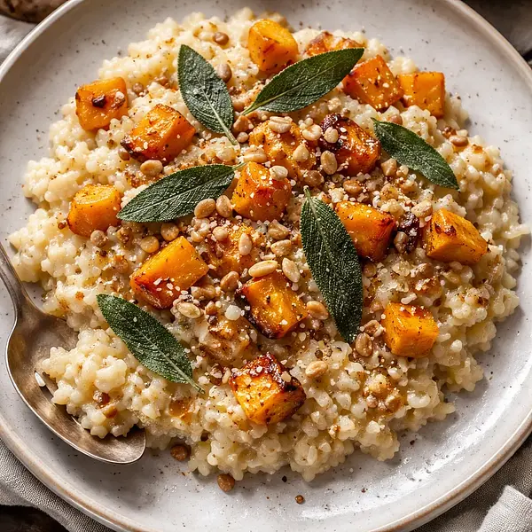 Creamy risotto with roasted pumpkin, sage, and toasted nuts