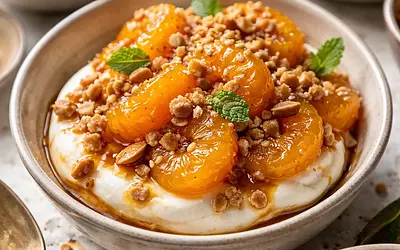 Quick Caramelized Mandarins with Mascarpone Cream and Crunchy Almond Crumble