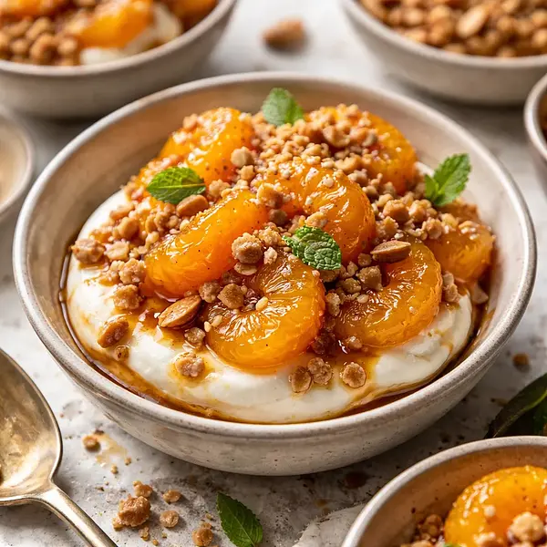 Quick Caramelized Mandarins with Mascarpone Cream and Crunchy Almond Crumble