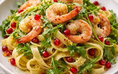 Tagliatelle al Limone z Krewetkami, Rukolą i Pestkami Granatu