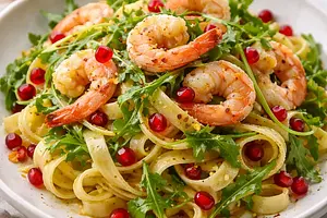 Tagliatelle al Limone z Krewetkami, Rukolą i Pestkami Granatu