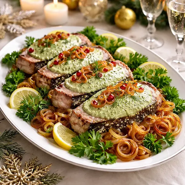 Karp po żydowsku z musem z pietruszki i karmelizowaną cebulą (elegancka wersja wigilijna)