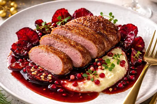 Noworoczna pierś z kaczki sous-vide z puree z selera, chipsami z buraka i sosem z wina oraz granatu