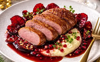 New Year's sous-vide duck breast with celery puree, beet chips, and wine and pomegranate sauce