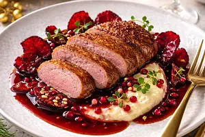 New Year's sous-vide duck breast with celery puree, beet chips, and wine and pomegranate sauce