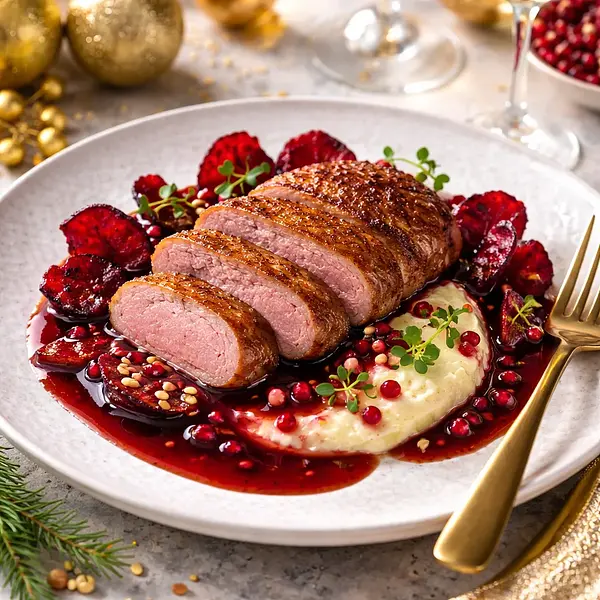 Noworoczna pierś z kaczki sous-vide z puree z selera, chipsami z buraka i sosem z wina oraz granatu