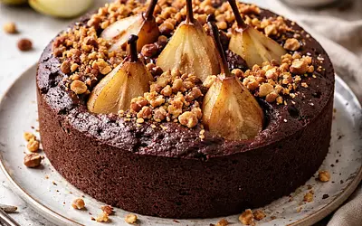 Modern chocolate-pear cake with salted nut crumble