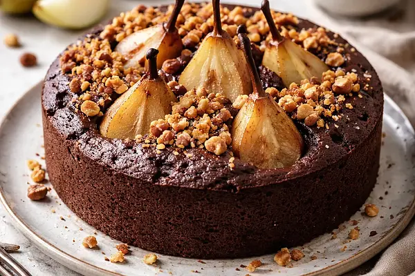 Nowoczesne ciasto czekoladowo‑gruszkowe z soloną kruszonką orzechową