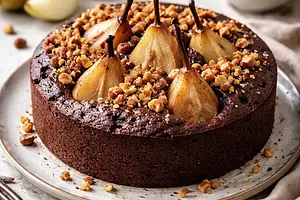 Modern chocolate-pear cake with salted nut crumble