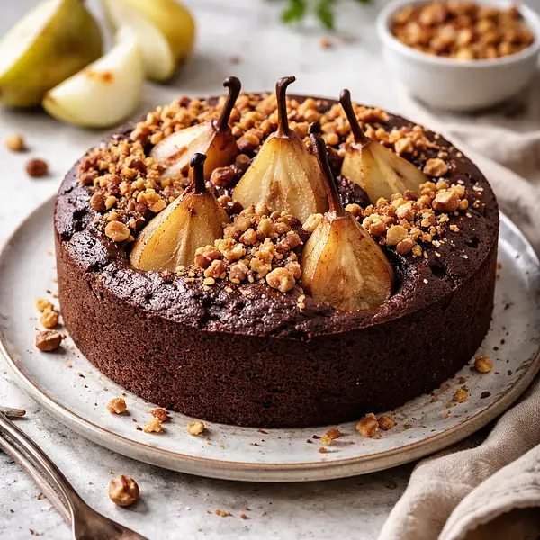 Modern chocolate-pear cake with salted nut crumble