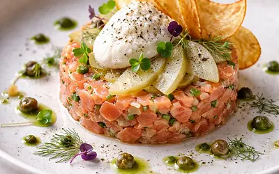 Modern smoked salmon tartare with quick pickled pears, horseradish foam, and beet chips