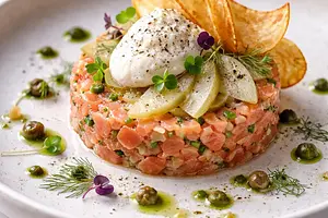 Modern smoked salmon tartare with quick pickled pears, horseradish foam, and beet chips