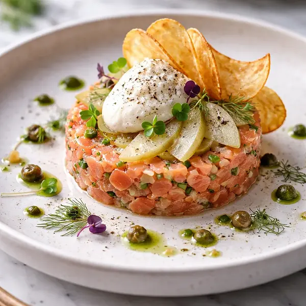 Modern smoked salmon tartare with quick pickled pears, horseradish foam, and beet chips
