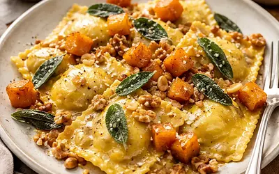 Ravioli z pieczoną dynią piżmową, ricottą i szałwią w maśle z prażonymi orzechami