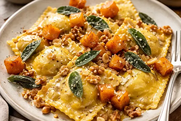 Ravioli z pieczoną dynią piżmową, ricottą i szałwią w maśle z prażonymi orzechami