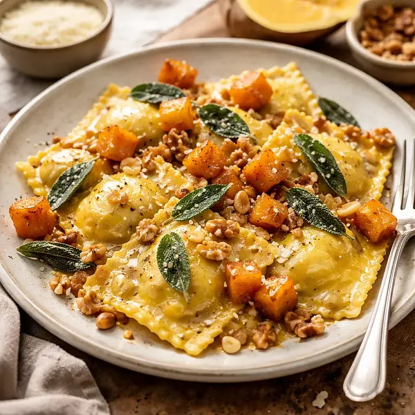 Ravioli z pieczoną dynią piżmową, ricottą i szałwią w maśle z prażonymi orzechami