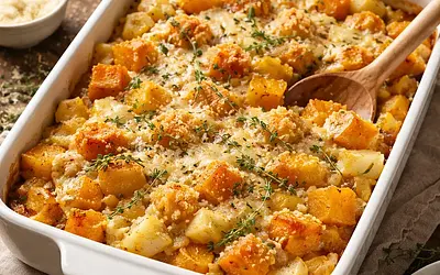 Comforting Winter Casserole with Butternut Squash, Potatoes, and Cheese