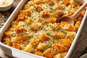 Comforting Winter Casserole with Butternut Squash, Potatoes, and Cheese