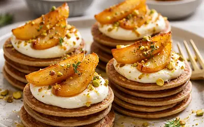 Elegant mini buckwheat pancakes with mascarpone cream and roasted pears