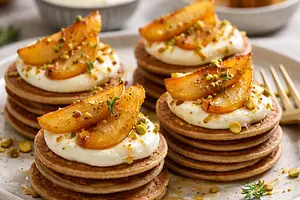 Elegant mini buckwheat pancakes with mascarpone cream and roasted pears