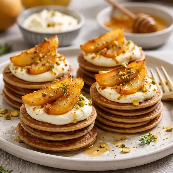 Elegant mini buckwheat pancakes with mascarpone cream and roasted pears